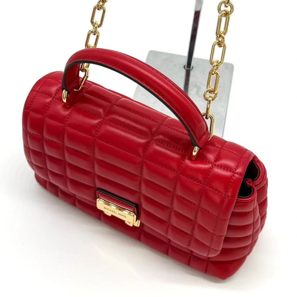 Michael Kors Tribeca Medium Quilted Leather Satchel Bag Crimson Red